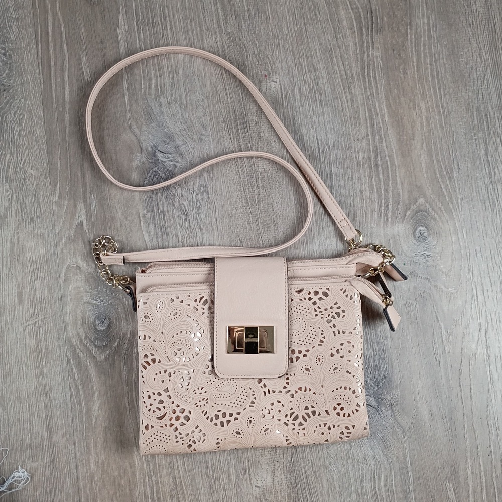 Apt.9 Beige Rose & Gold Cut Out Crossbody Bag Snap Zip Flap 7.5x9